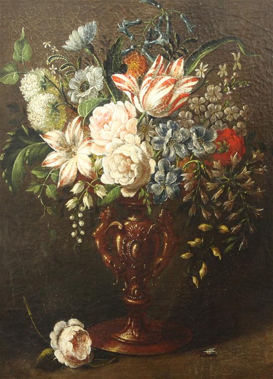 16th century Continental School Still life of flowers in an ornate vase, a wasp alongside 23 x 17in.